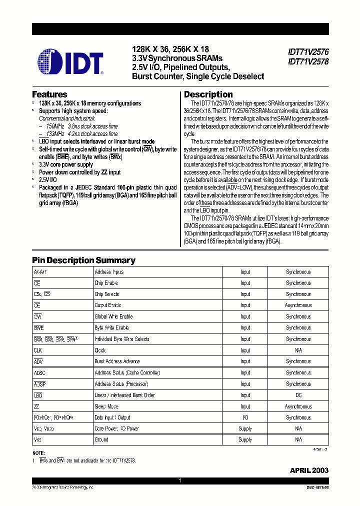 IDT71V2576_282485.PDF Datasheet