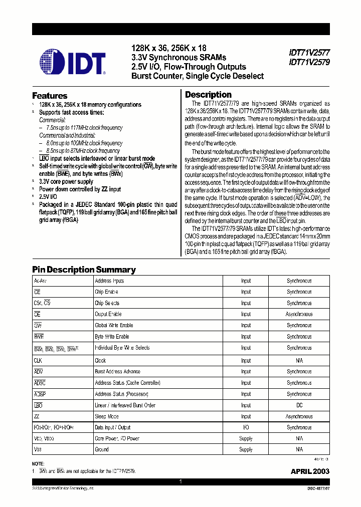 IDT71V2577_339553.PDF Datasheet