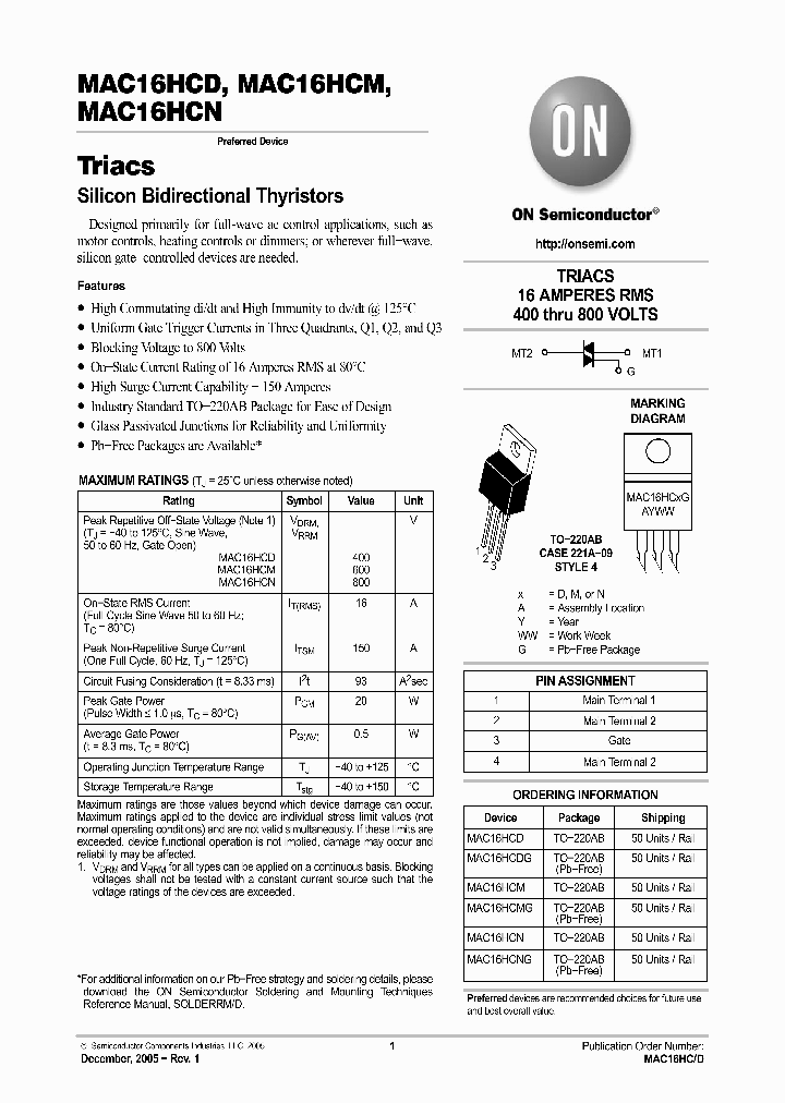 MAC16HCDG_741528.PDF Datasheet