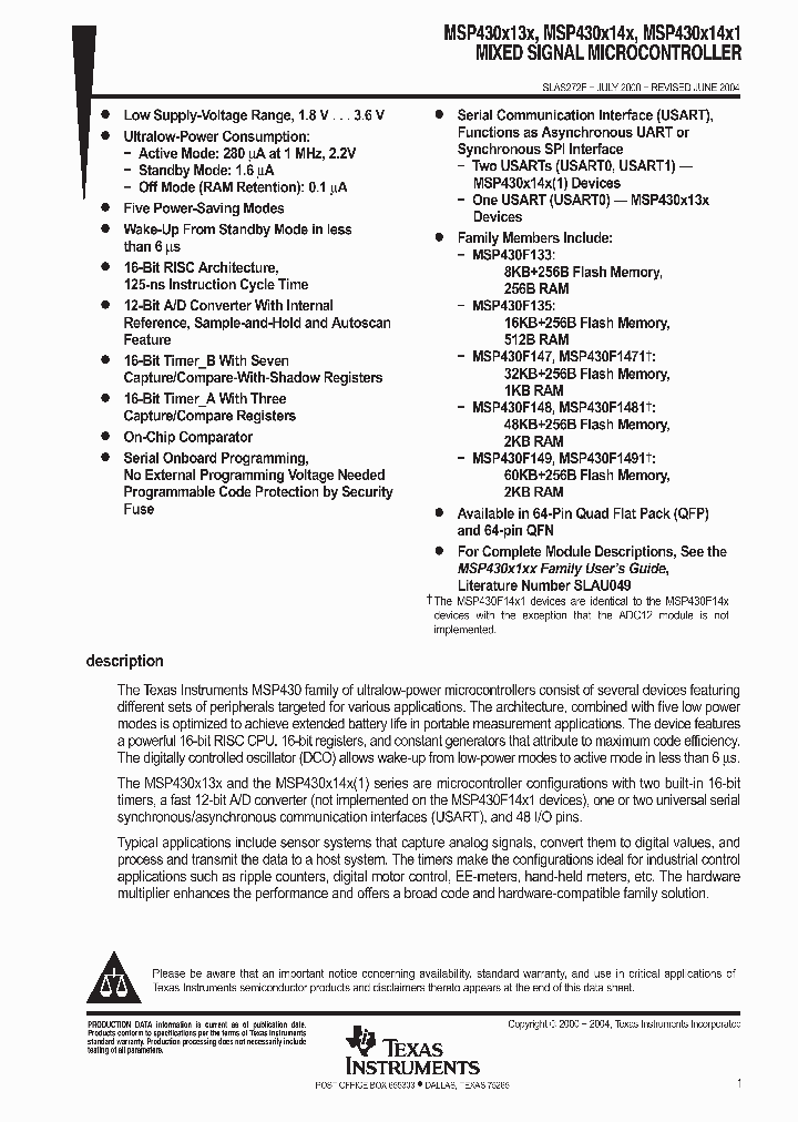 MSP430F149IPMR_798572.PDF Datasheet