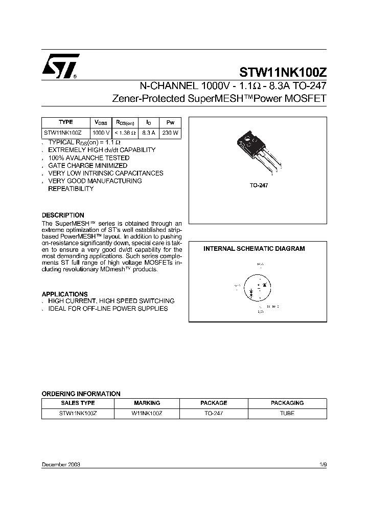 STW11NK100Z_1021245.PDF Datasheet