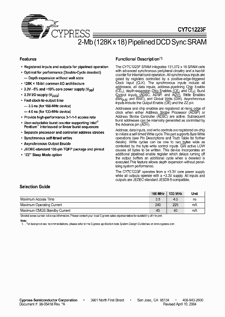 CY7C1223F-133AC_1230542.PDF Datasheet