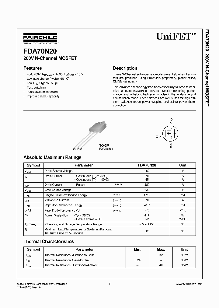 FDA70N20_1239194.PDF Datasheet