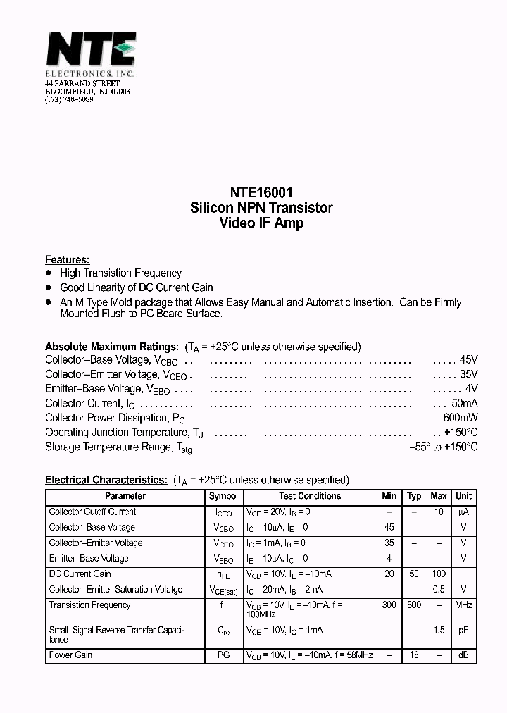 NTE16001_1290198.PDF Datasheet