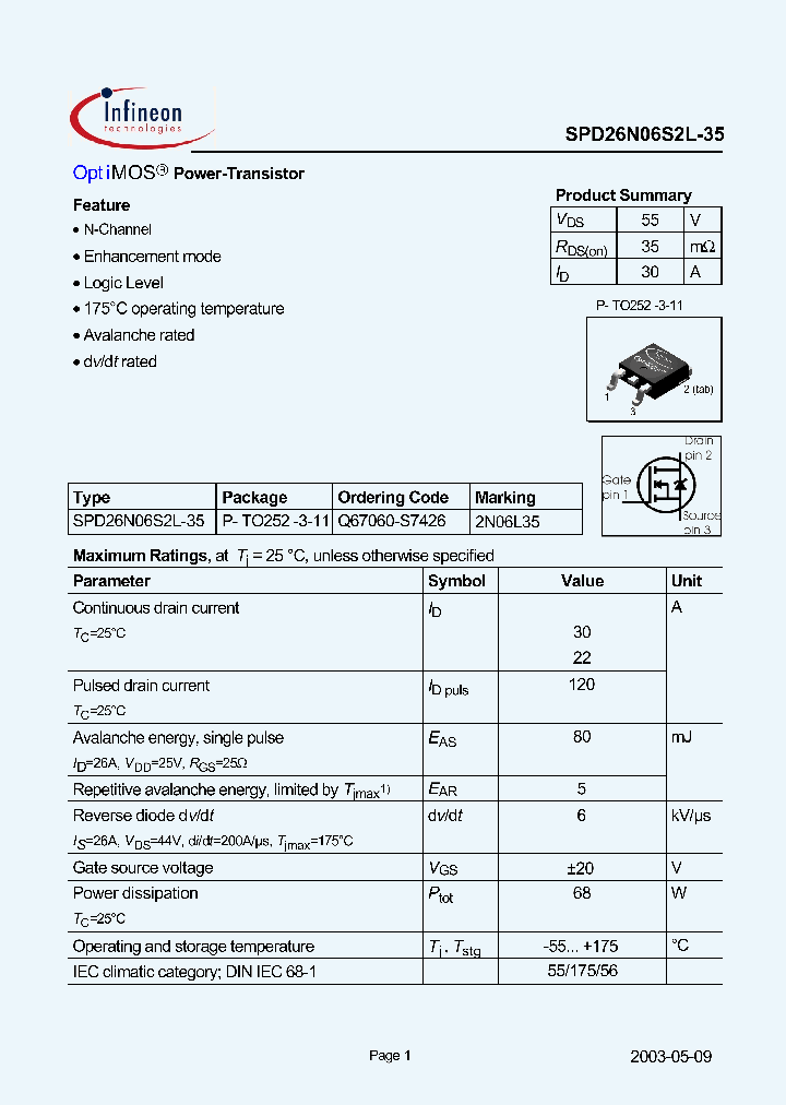 SPD26N06S2L-35_1315387.PDF Datasheet