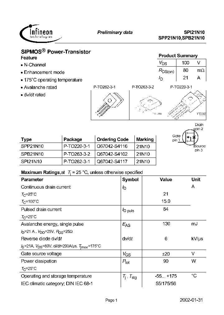 SPI21N10_1161925.PDF Datasheet