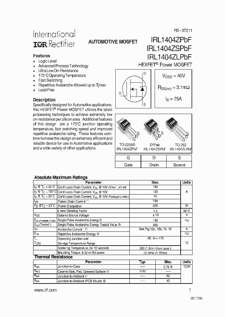 IRL1404ZLPBF_4110429.PDF Datasheet