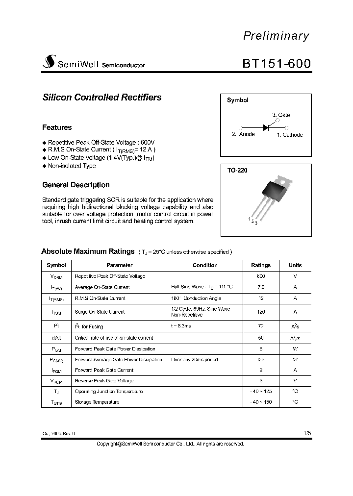 Bt152 600r схема включения BT151-600_4385303.PDF Datasheet Download --- IC-ON-LINE