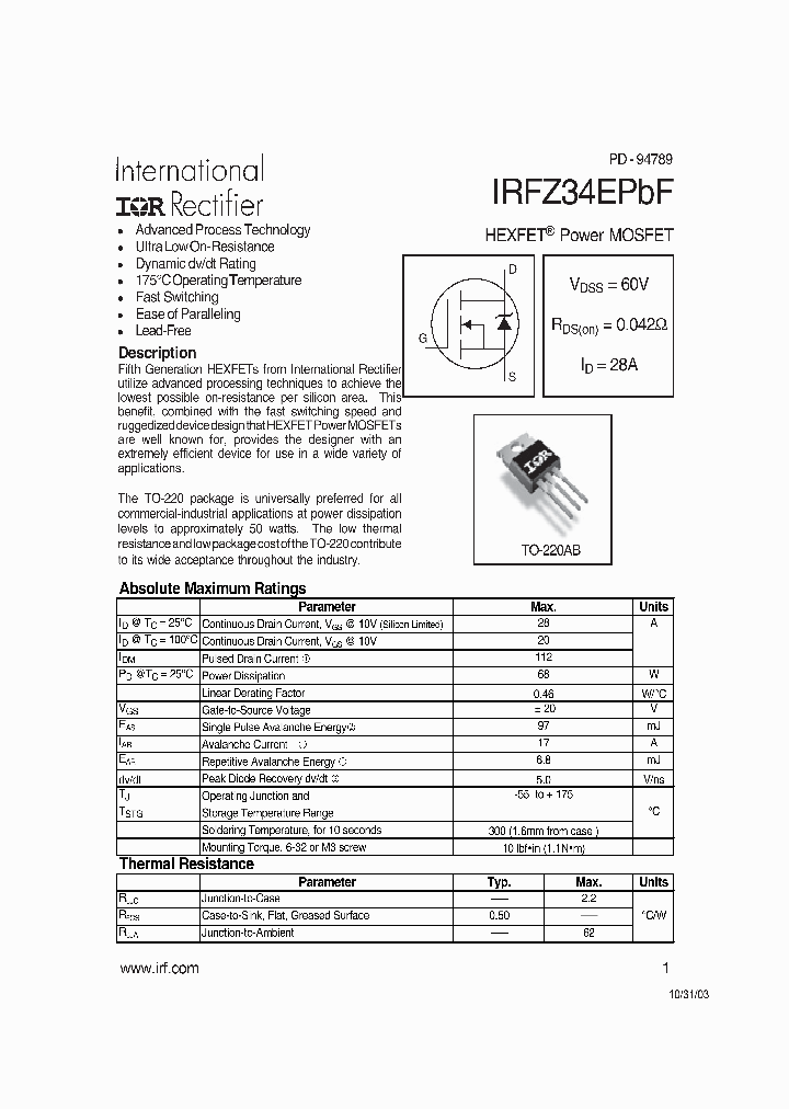 IRFZ34EPBF_4231286.PDF Datasheet