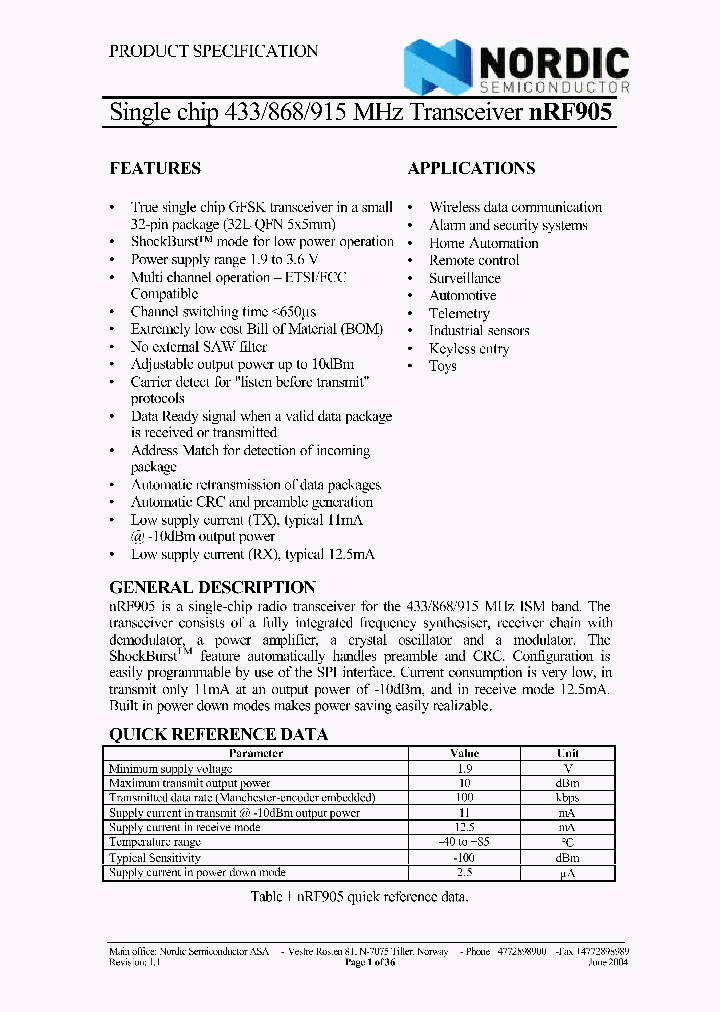 NRF905_4568997.PDF Datasheet