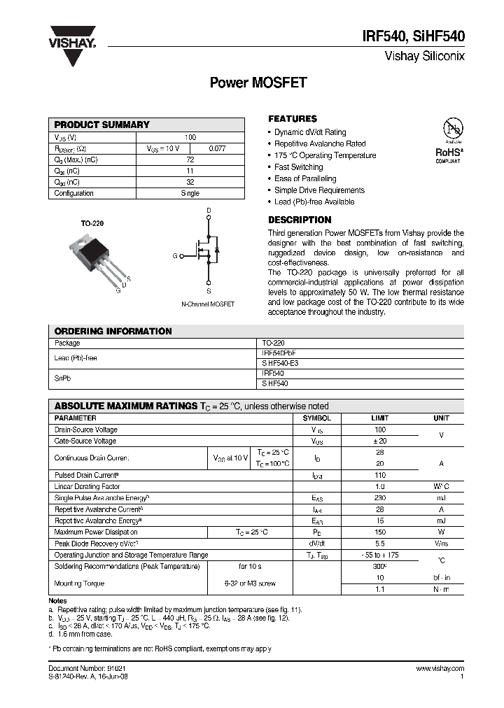 SIHF540_4262493.PDF Datasheet