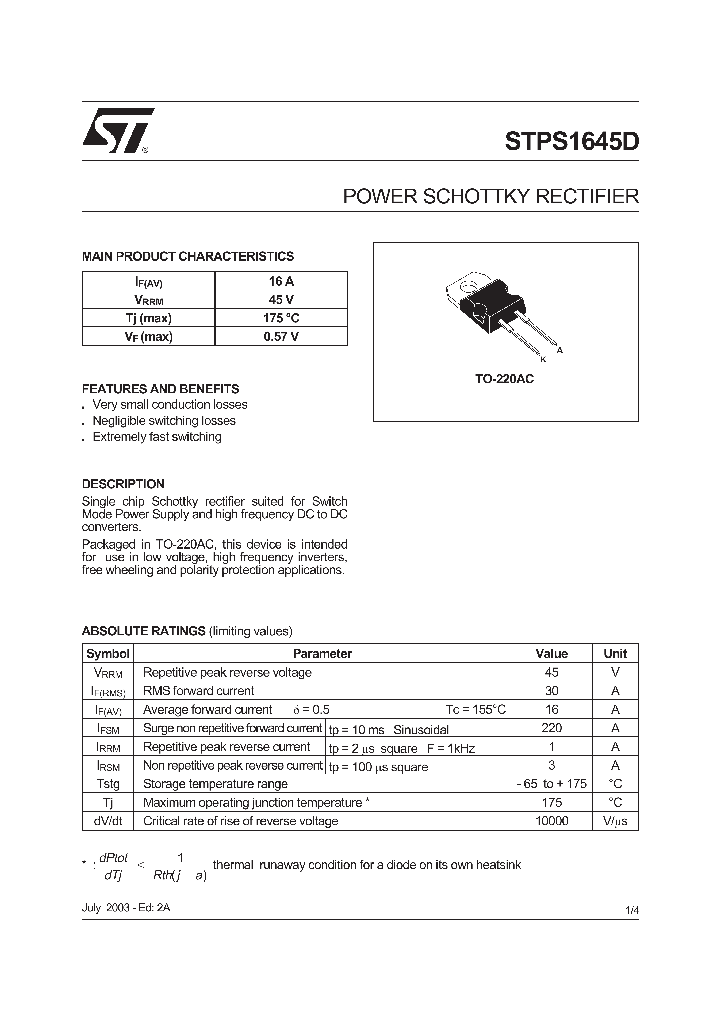 STPS1645D_4285461.PDF Datasheet