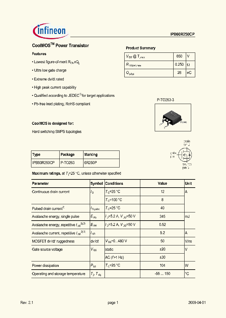 IPB60R250CP_5057297.PDF Datasheet