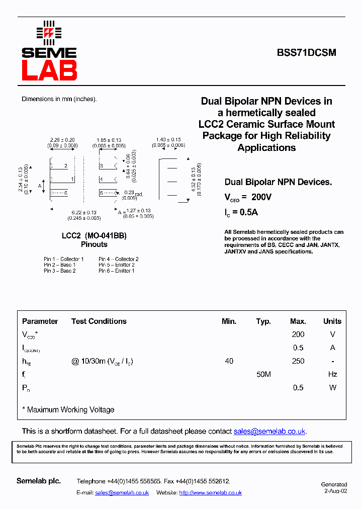 BSS71DCSM_578217.PDF Datasheet