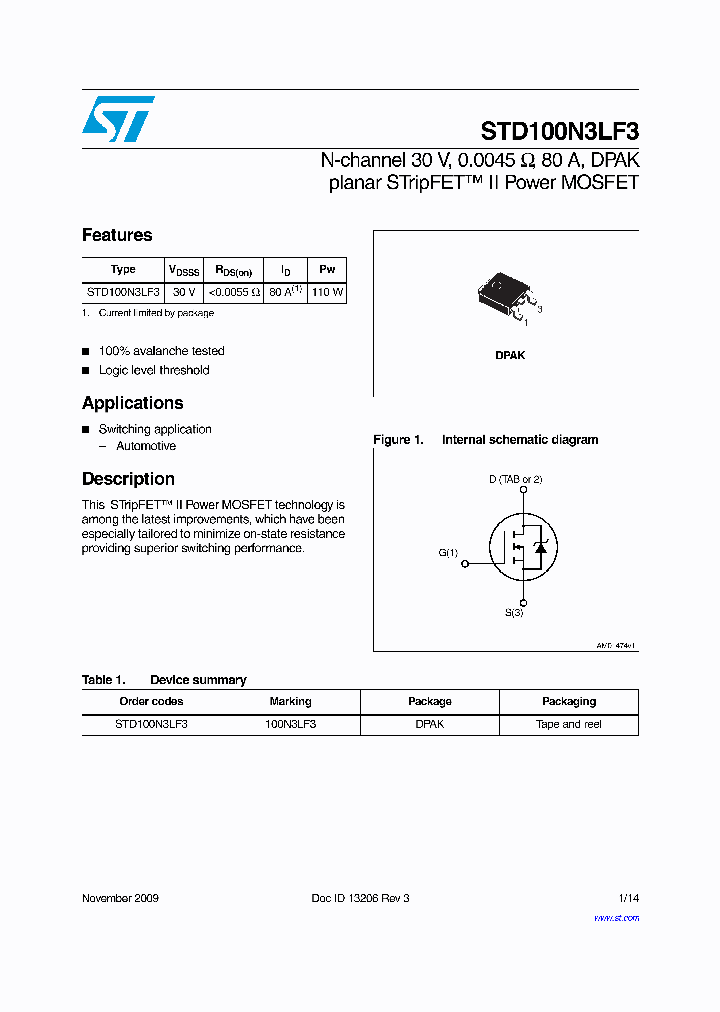 STD100N3LF309_1103050.PDF Datasheet