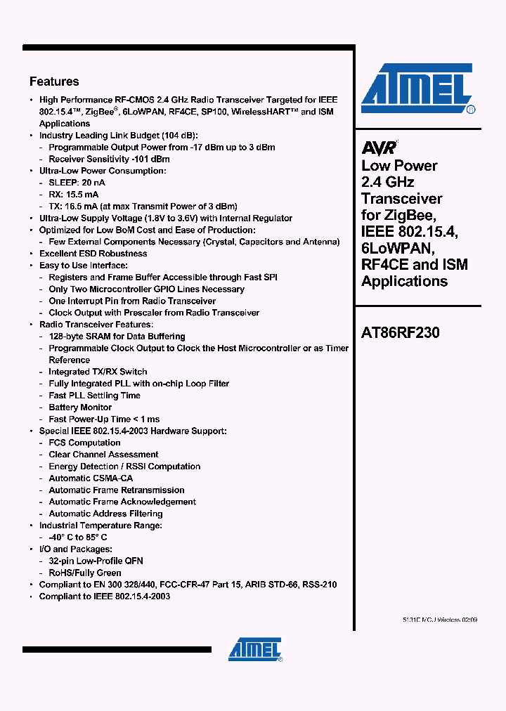 AT86RF230-ZUR_1218441.PDF Datasheet