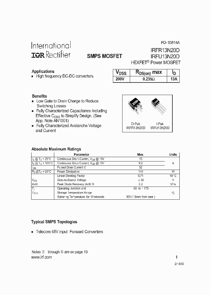 IRFR13N20DTR_1760422.PDF Datasheet