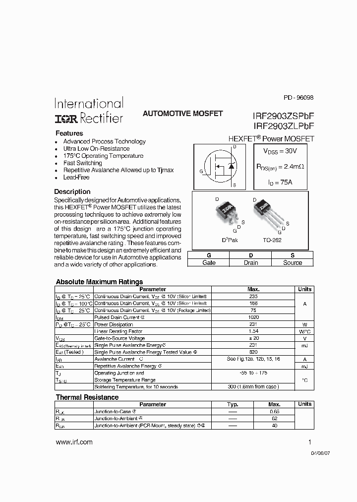 IRF2903ZLPBF_4343863.PDF Datasheet