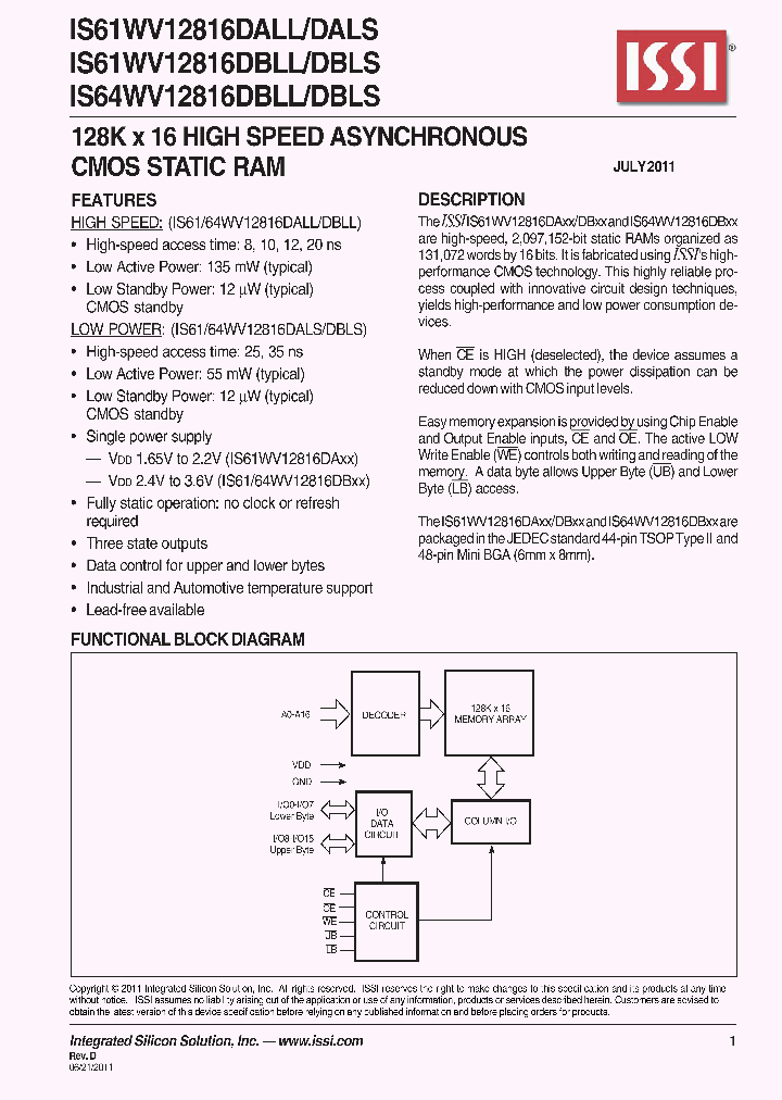 IS61WV12816DALLDALS_4637275.PDF Datasheet