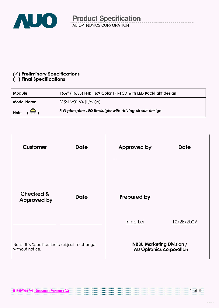 B156HW01-V4_5089520.PDF Datasheet