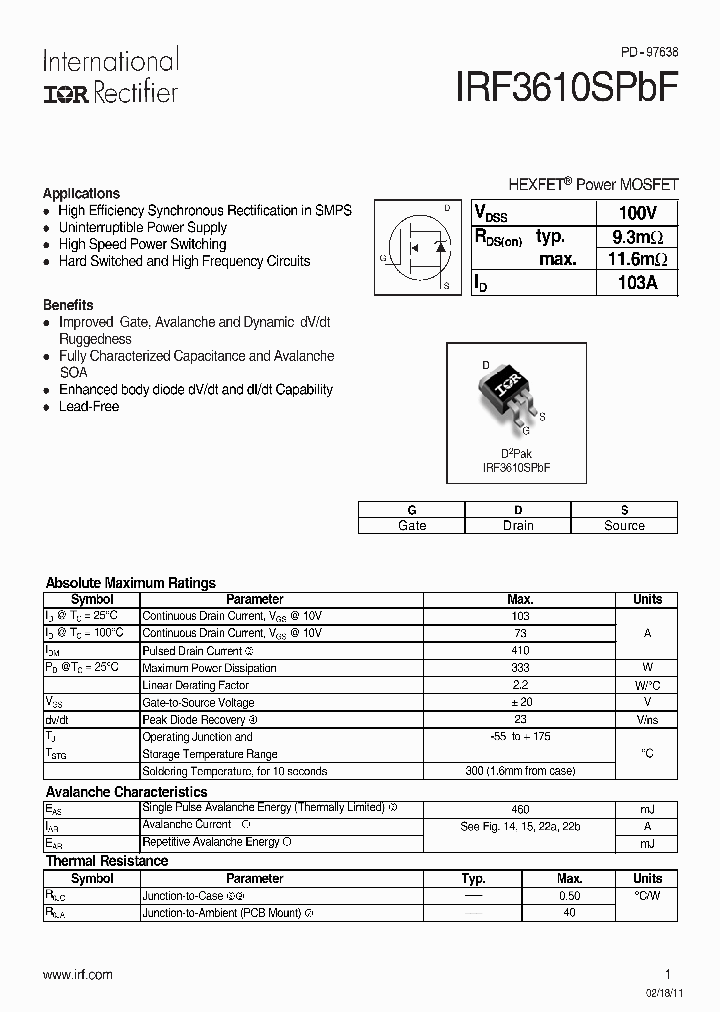 IRF3610SPBF_7318820.PDF Datasheet