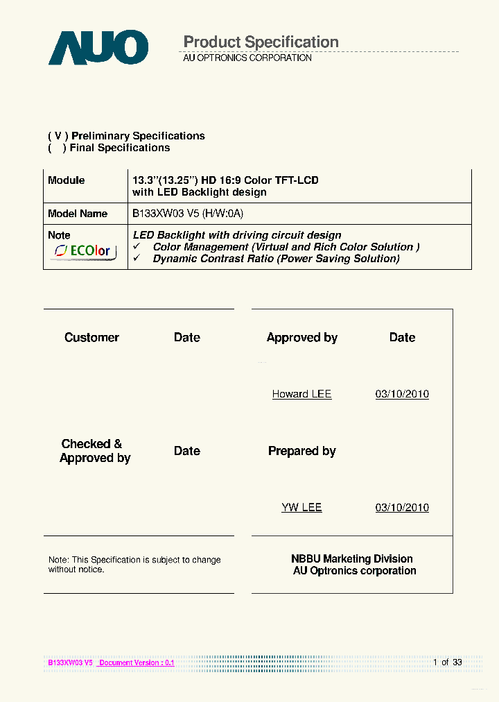 B133XW03-V5_7762534.PDF Datasheet