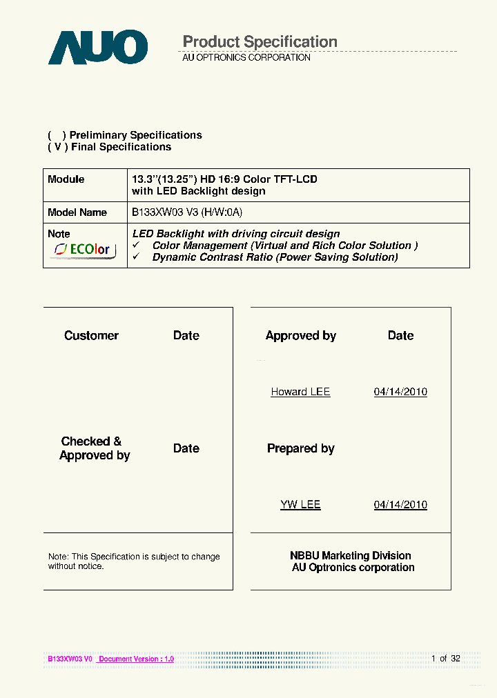 B133XW03-V3_7762532.PDF Datasheet