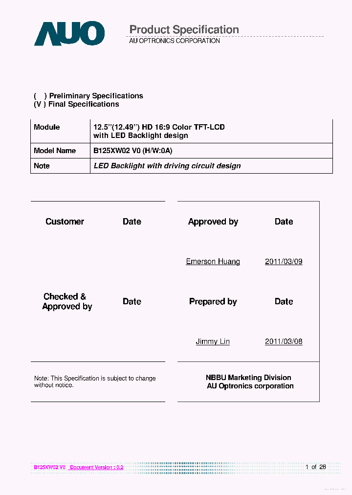 B125XW02V0_7870586.PDF Datasheet