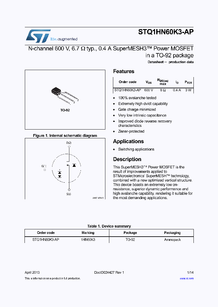 STQ1HN60K3-AP_8293144.PDF Datasheet