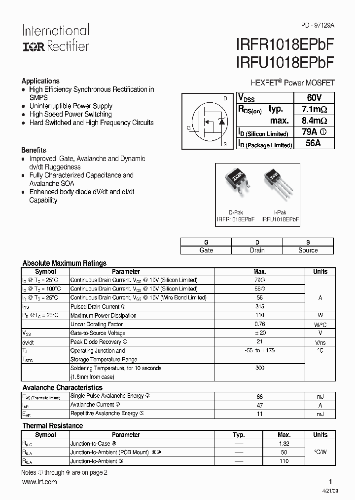 IRFU1018EPBF_8334442.PDF Datasheet