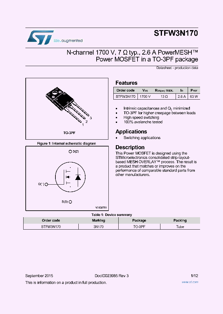 STFW3N170_8830926.PDF Datasheet